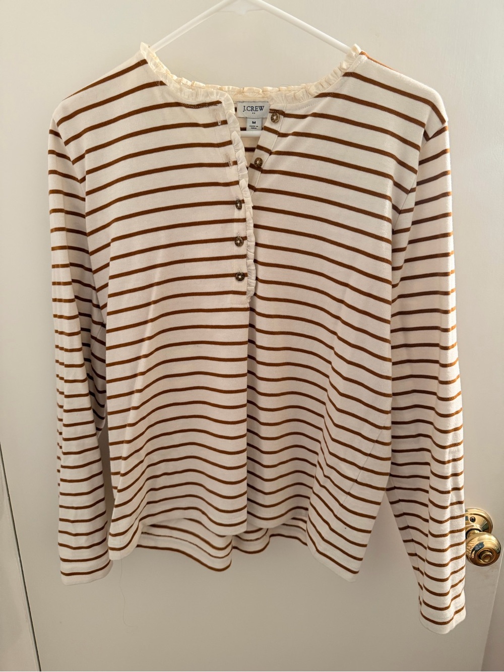 J. Crew Cream and Brown Striped Henley Top